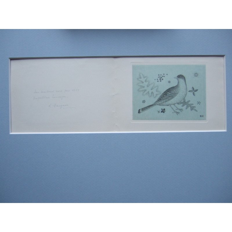 画像5: 長谷川潔・自筆年賀状 版画 「鳥、葉、花」 ビュラン 1957年 玲風書房カタログレゾネNo.623