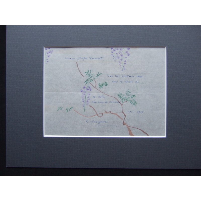 画像10: 新発見!長谷川潔・ 肉筆画入り大型年賀状 彩色画「藤の花(仮題)」 1956年