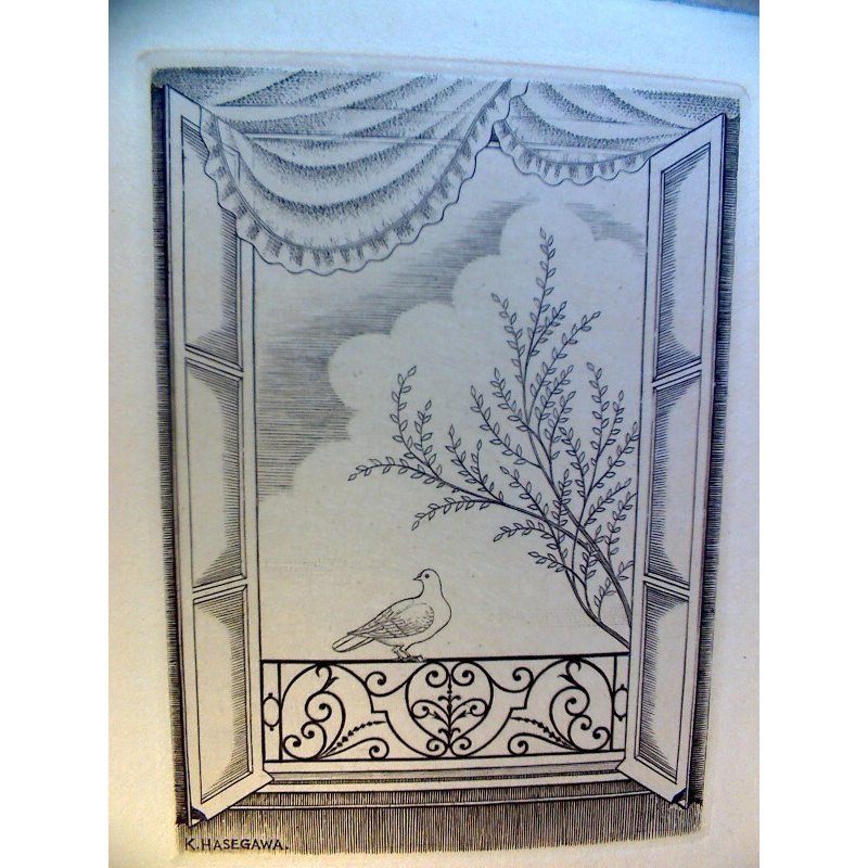 画像3: 長谷川潔 1952年度年賀状 版画 「開かれた窓と鳩」 ビュラン 玲風書房カタログNo.611