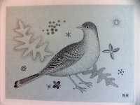 長谷川潔・自筆年賀状　版画　「鳥、葉、花」　ビュラン　1957年　玲風書房カタログレゾネNo.623
