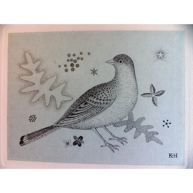 画像1: 長谷川潔・自筆年賀状　版画　「鳥、葉、花」　ビュラン　1957年　玲風書房カタログレゾネNo.623