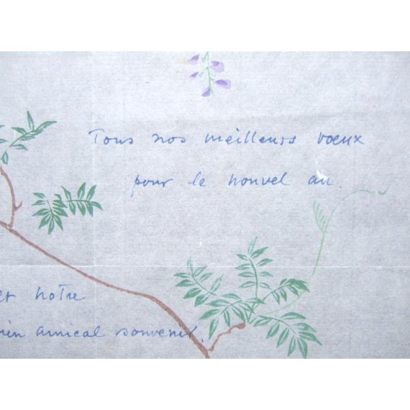 画像3: 新発見!長谷川潔・ 肉筆画入り大型年賀状 彩色画「藤の花(仮題)」 1956年