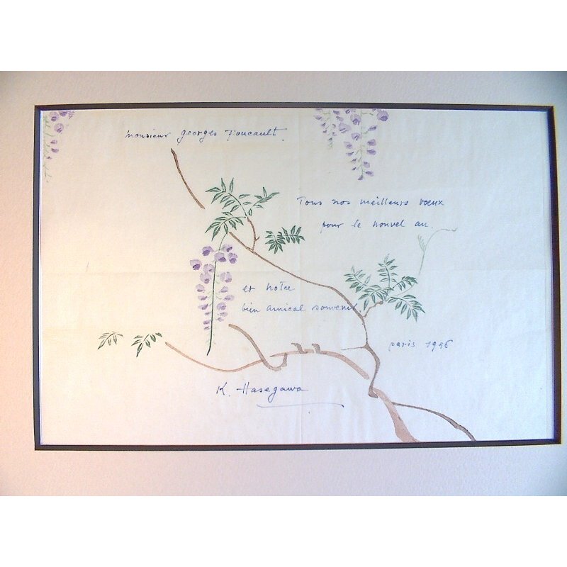 画像9: 新発見!長谷川潔・ 肉筆画入り大型年賀状 彩色画「藤の花(仮題)」 1956年
