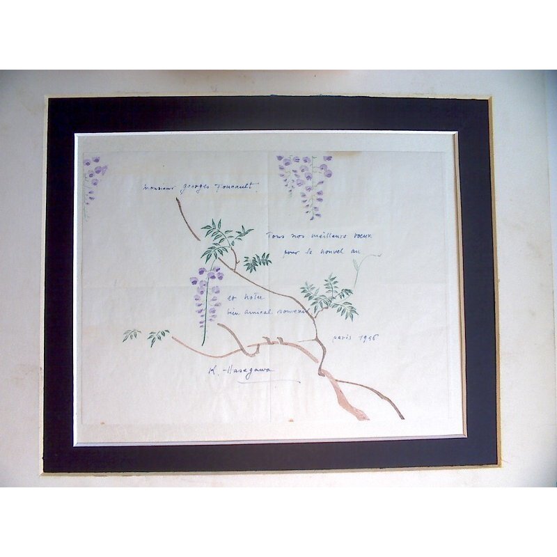 画像7: 新発見!長谷川潔・ 肉筆画入り大型年賀状 彩色画「藤の花(仮題)」 1956年