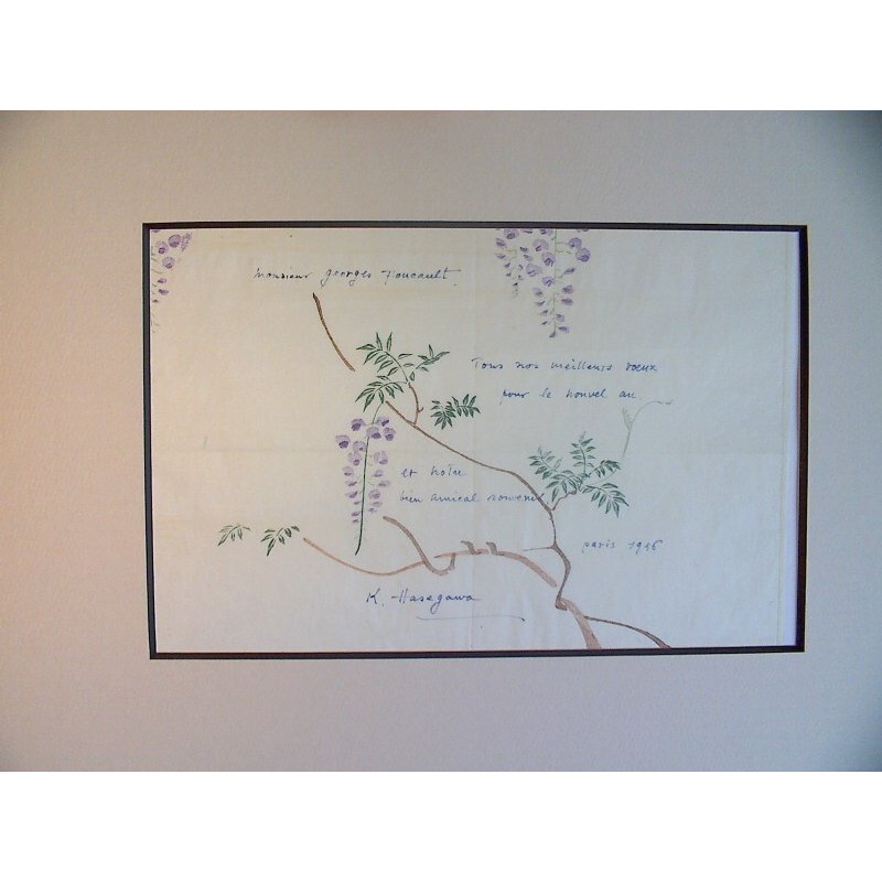 画像8: 新発見!長谷川潔・ 肉筆画入り大型年賀状 彩色画「藤の花(仮題)」 1956年