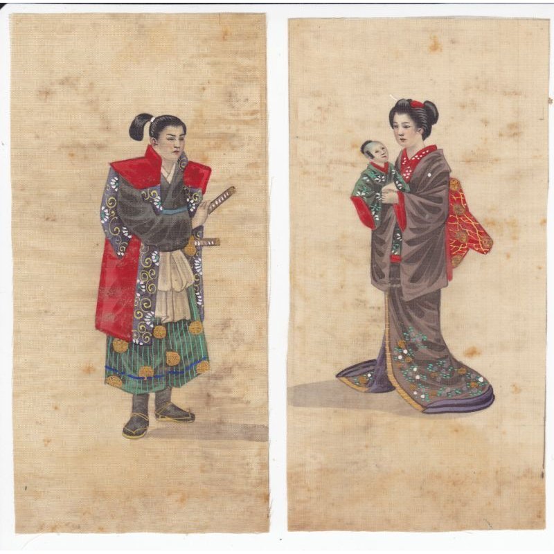 画像1: 明治写実画　五姓田工房・絹本彩色・小型人物画２点　明治22年頃　岩崎コレクション