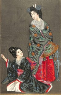 明治写実画　小型・額入り「姫君と侍女（仮題）」　31×19cm 