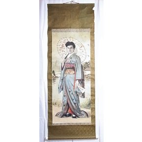 明治写実画・絹絵掛け軸 「和装外国婦人」 104×44 - 明治豊文堂