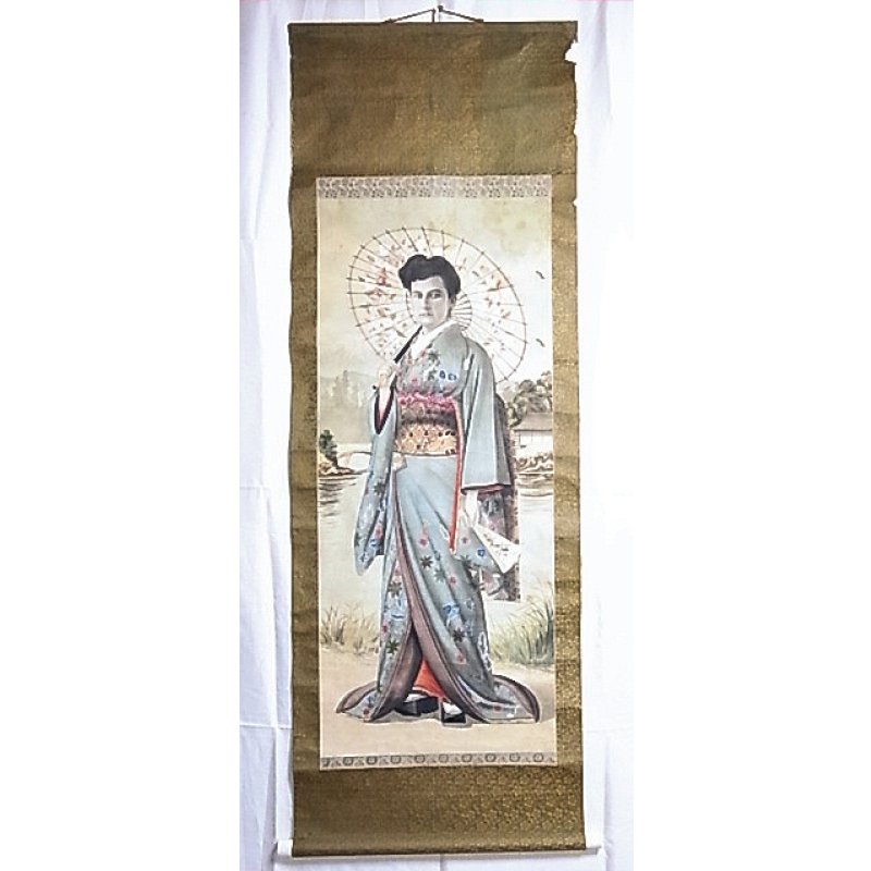 画像5: 明治写実画・絹絵掛け軸 「和装外国婦人」 104×44