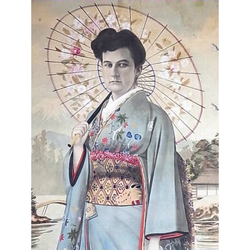 画像2: 明治写実画・絹絵掛け軸　「和装外国婦人」　104×44