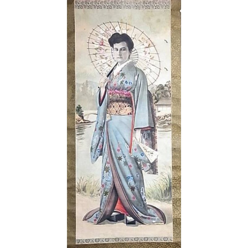 画像1: 明治写実画・絹絵掛け軸　「和装外国婦人」　104×44