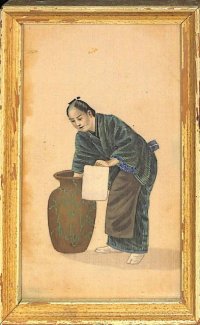 明治写実画　ミニ絹絵「凧揚げ」「油屋　」　10×６cm　額入り２点セット