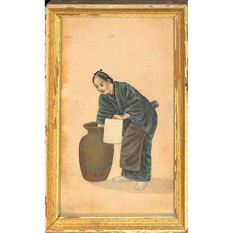画像1: 明治写実画　ミニ絹絵「凧揚げ」「油屋　」　10×６cm　額入り２点セット