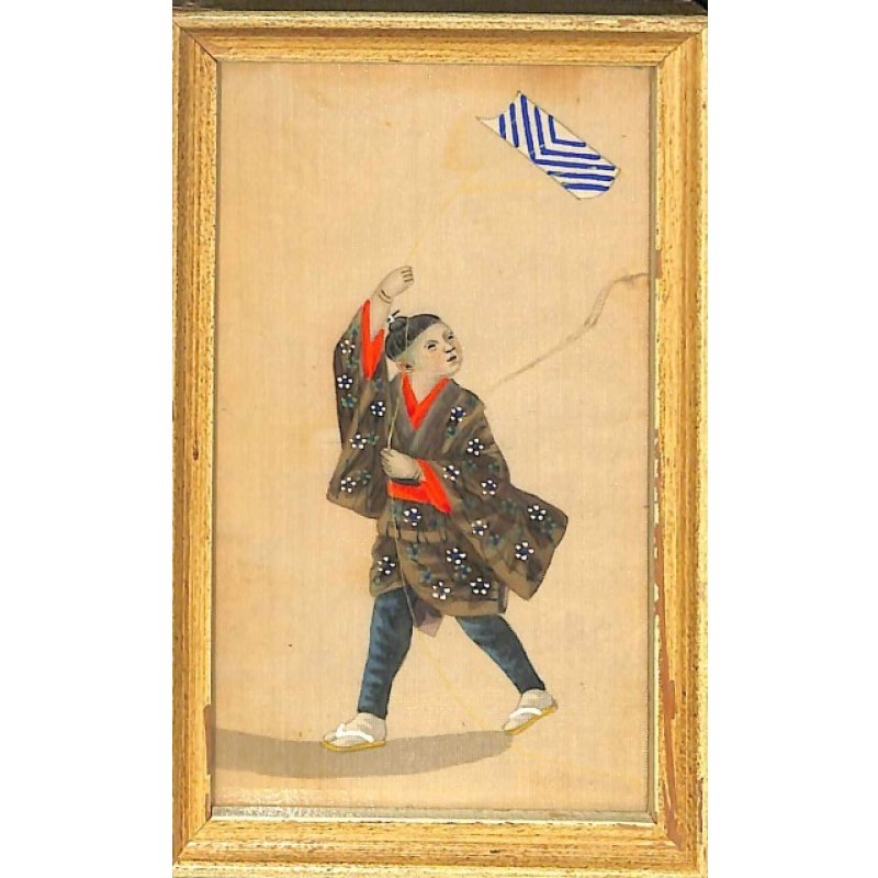 画像3: 明治写実画 ミニ絹絵「凧揚げ」「油屋 」 10×6cm 額入り2点セット