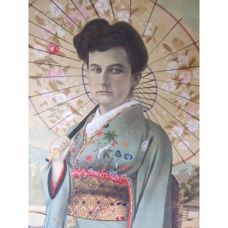画像3: 明治写実画・絹絵掛け軸 「和装外国婦人」 104×44