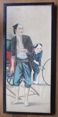 明治写実画・大型絹絵・職人シリーズ「人力車夫」（仮題）　額入り　76×31cm　額79.5×35cm