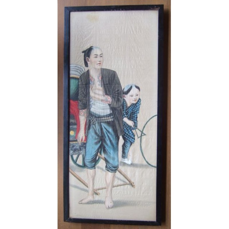 画像1: 明治写実画・大型絹絵・職人シリーズ「人力車夫」（仮題）　額入り　76×31cm　額79.5×35cm