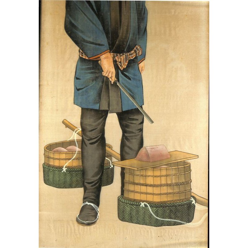 画像4: 明治写実画・大型絹絵・職人シリーズ「魚屋」(仮題) 76×31cm 額79.5×35cm