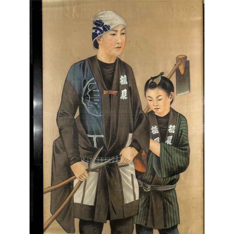 画像3: 明治写実画・大型絹絵・職人シリーズ「植木屋」（仮題）　額入り　76×31cm　額79.5×35cm