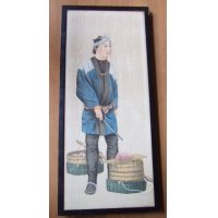 明治写実画・大型絹絵・職人シリーズ「魚屋」（仮題）　76×31cm　額79.5×35cm