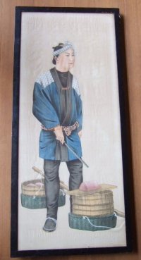 明治写実画・大型絹絵・職人シリーズ「魚屋」（仮題）　76×31cm　額79.5×35cm