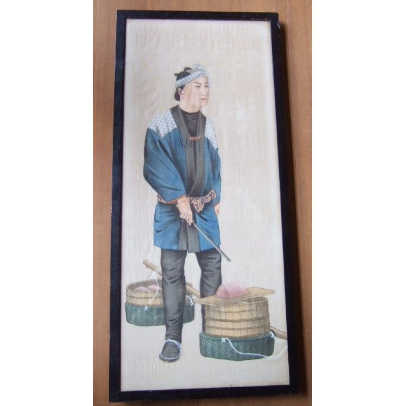 画像1: 明治写実画・大型絹絵・職人シリーズ「魚屋」（仮題）　76×31cm　額79.5×35cm
