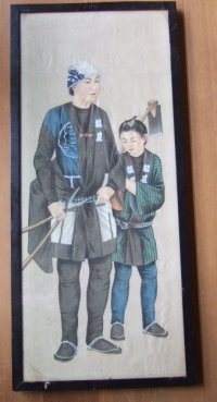 明治写実画・大型絹絵・職人シリーズ「植木屋」（仮題）　額入り　76×31cm　額79.5×35cm