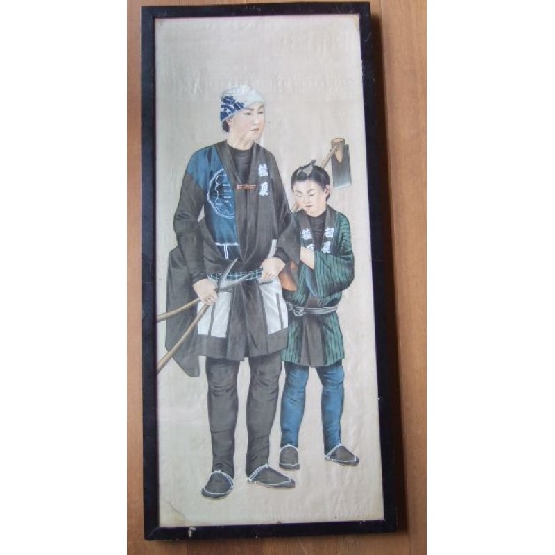 画像1: 明治写実画・大型絹絵・職人シリーズ「植木屋」（仮題）　額入り　76×31cm　額79.5×35cm