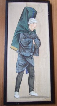 明治写実画　大型絹絵・職人シリーズ「行商人」（仮題）　額入り　76×31cm　額79.5×35cm