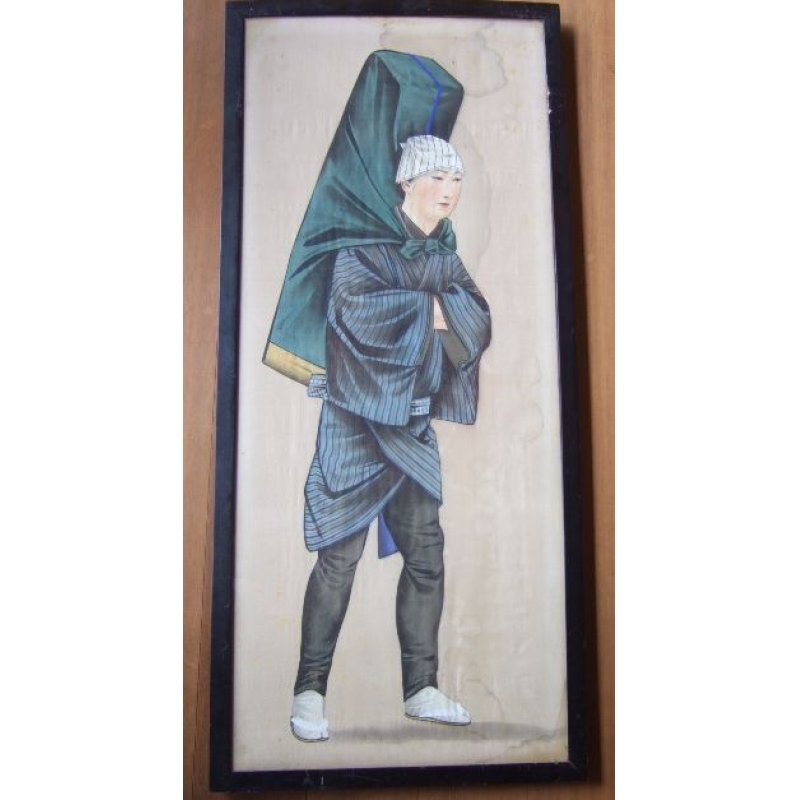 画像1: 明治写実画　大型絹絵・職人シリーズ「行商人」（仮題）　額入り　76×31cm　額79.5×35cm