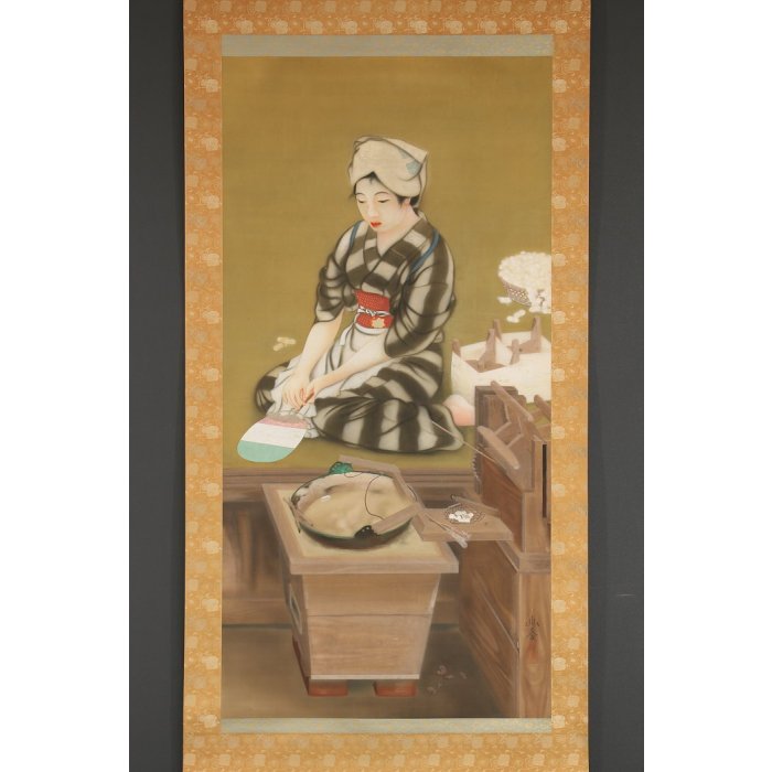 明治写実画 絹本彩色・大作 「座繰りの娘（仮題）」 渡辺幽香 172 x 86