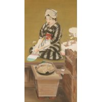 明治写実画　絹本彩色・大作　「座繰りの娘（仮題）」　渡辺幽香　172 x 86　軸装220 x 105 　