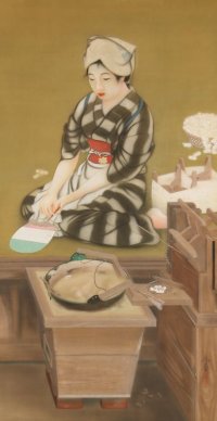 明治写実画　絹本彩色・大作　「座繰りの娘（仮題）」　渡辺幽香　172 x 86　軸装220 x 105 　