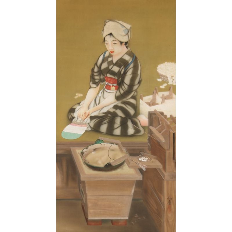 画像1: 明治写実画　絹本彩色・大作　「座繰りの娘（仮題）」　渡辺幽香　172 x 86　軸装220 x 105 　