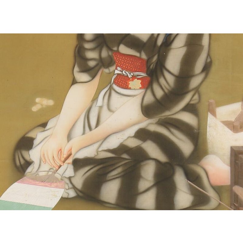 画像5: 明治写実画 絹本彩色・大作 「座繰りの娘(仮題)」 渡辺幽香 172 x 86 軸装220 x 105