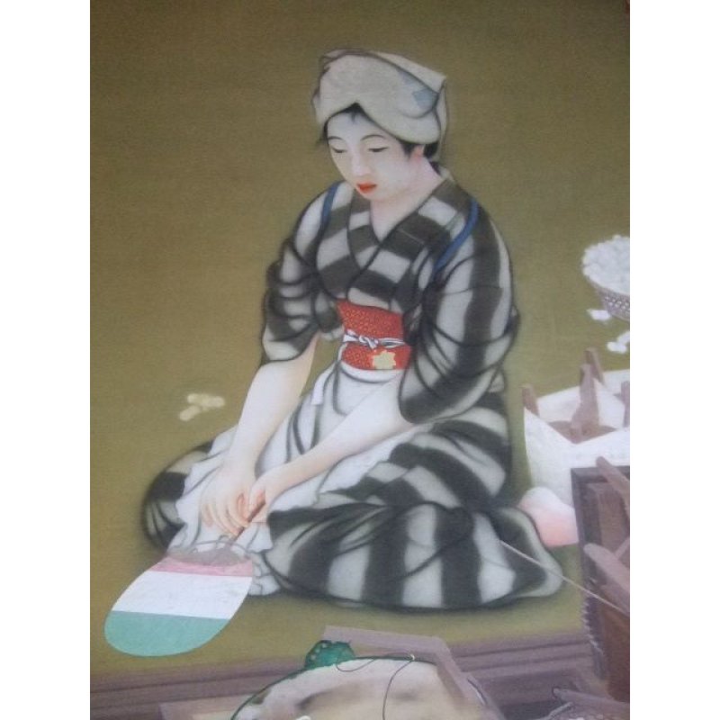 画像3: 明治写実画 絹本彩色・大作 「座繰りの娘(仮題)」 渡辺幽香 172 x 86 軸装220 x 105