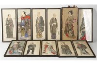 　明治写実画・小型11点セット　額入り　30×12cm、 32×14ｃｍ