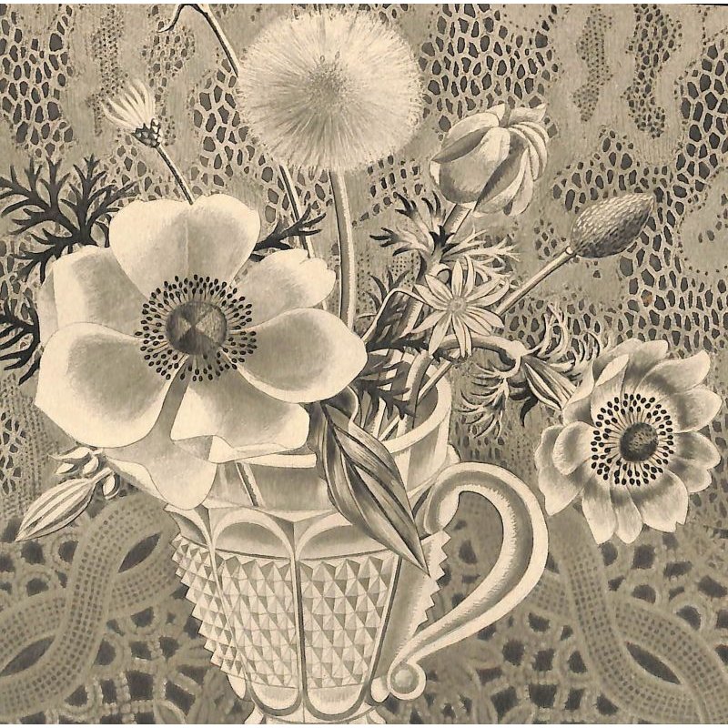 画像2: 長谷川潔 版画（アクアタント）　「切子グラスに挿したアネモネと草花」　用紙i38×28　版画25×18cm