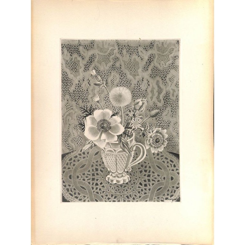 画像5: 長谷川潔 版画(アクアタント) 「切子グラスに挿したアネモネと草花」 用紙i38×28 版画25×18cm