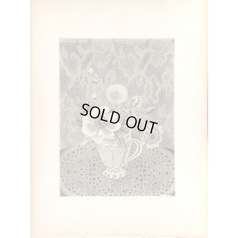 画像5: 長谷川潔 版画（アクアタント）　「切子グラスに挿したアネモネと草花」　用紙i38×28　版画25×18cm