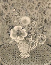 長谷川潔 版画（アクアタント）　「切子グラスに挿したアネモネと草花」　用紙i38×28　版画25×18cm