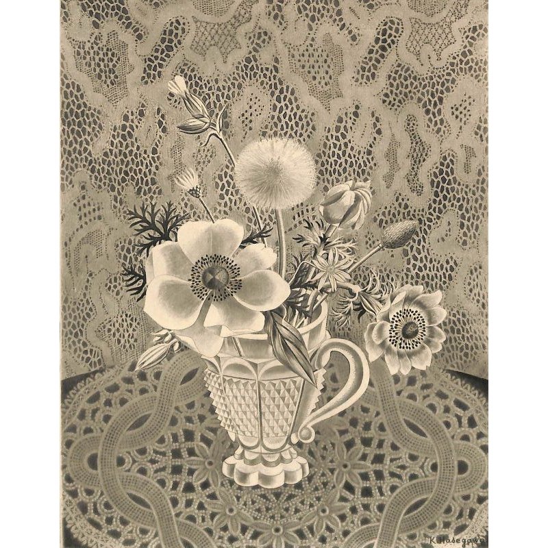 画像1: 長谷川潔 版画（アクアタント）　「切子グラスに挿したアネモネと草花」　用紙i38×28　版画25×18cm