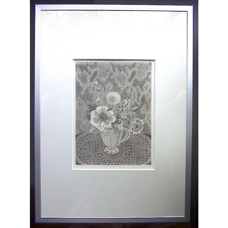 画像4: 長谷川潔 版画(アクアタント) 「切子グラスに挿したアネモネと草花」 用紙i38×28 版画25×18cm