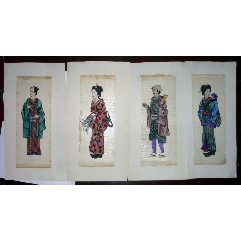 画像1: 明治写実画　(五姓田派 ）小型　34×14ｃｍ　４枚セット