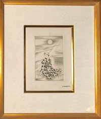 長谷川潔　銅版画「船と婦人」ドライポイント（ポワントセッシュ）　1930