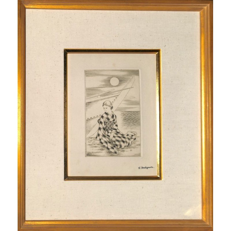 画像1: 長谷川潔　銅版画「船と婦人」ドライポイント（ポワントセッシュ）　1930