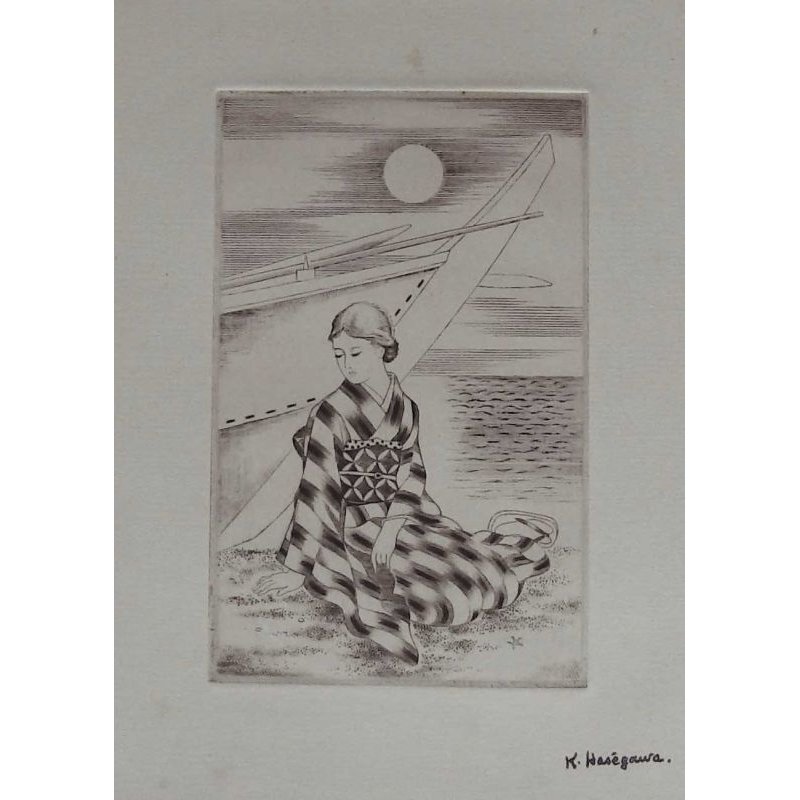 画像4: 長谷川潔　銅版画「船と婦人」ドライポイント（ポワントセッシュ）　1930