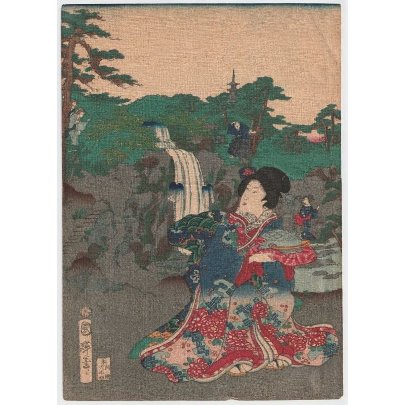 画像2: ちりめん絵 【国輝】 「田舎源氏滝の庭」
