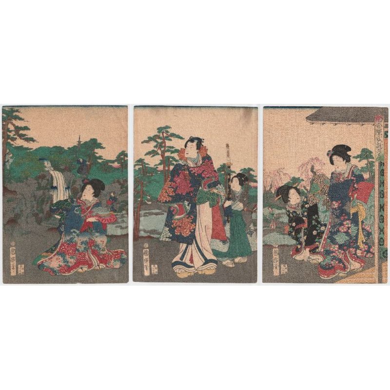 画像1: ちりめん絵 【国輝】 「田舎源氏滝の庭」