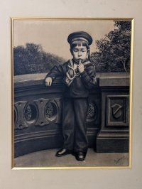 明治写実画　「水平帽の子ども（仮題）」 諫山麗吉　鉛筆・水彩　52×41cm